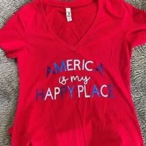 Red V-Neck Tee with Patriotic 'America is My Happy Place' Graphic